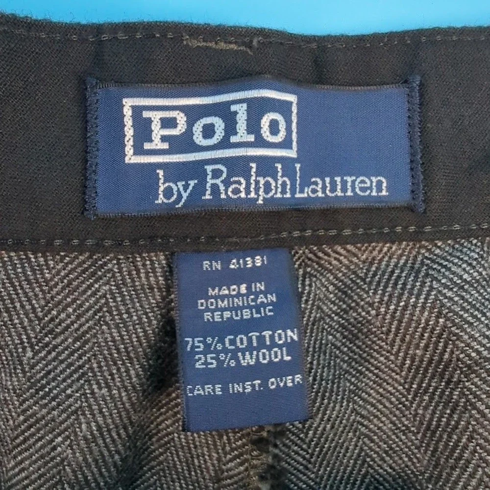 VTG Polo Ralph Lauren Gray Herringbone Pleated Cotton Wool Trousers Mens 38x34